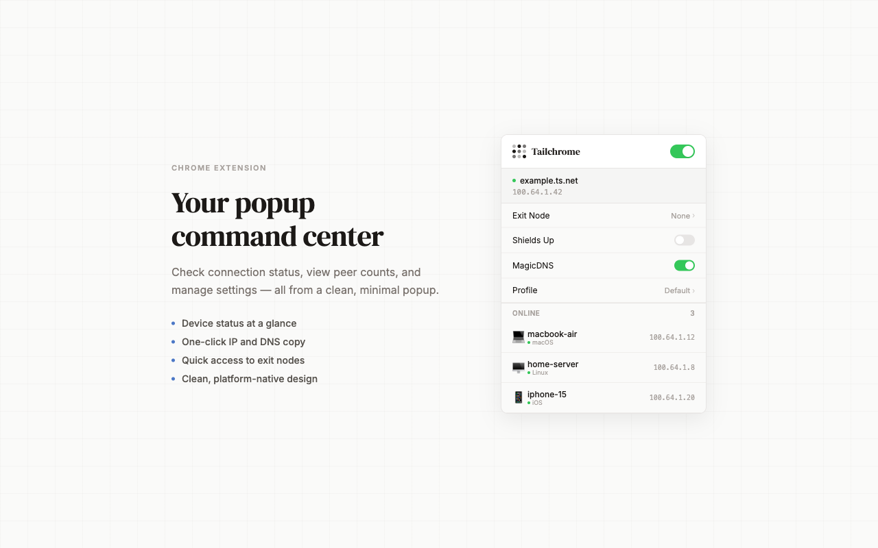 Popup command center with device status and settings