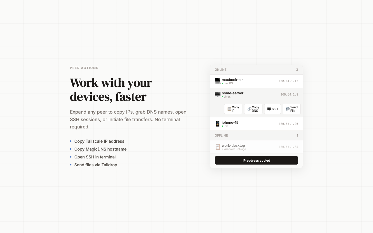Quick actions — copy IP, DNS, SSH, send files
